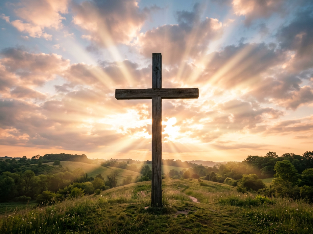 Wooden cross on a grassy hill with sun rays shining through cloudy sky